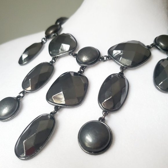 Y2K Bib Necklace Onyx Colour Large Faceted Faux Stones Holiday Party Boho Chain - Picture 5 of 5